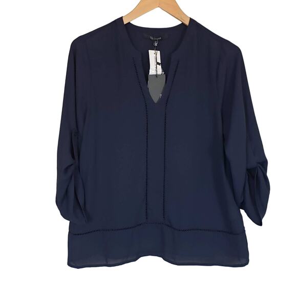 19 Cooper Stitch Fix Vista Lattice Detail Blouse Navy Office Career Womens Small - Picture 1 of 8